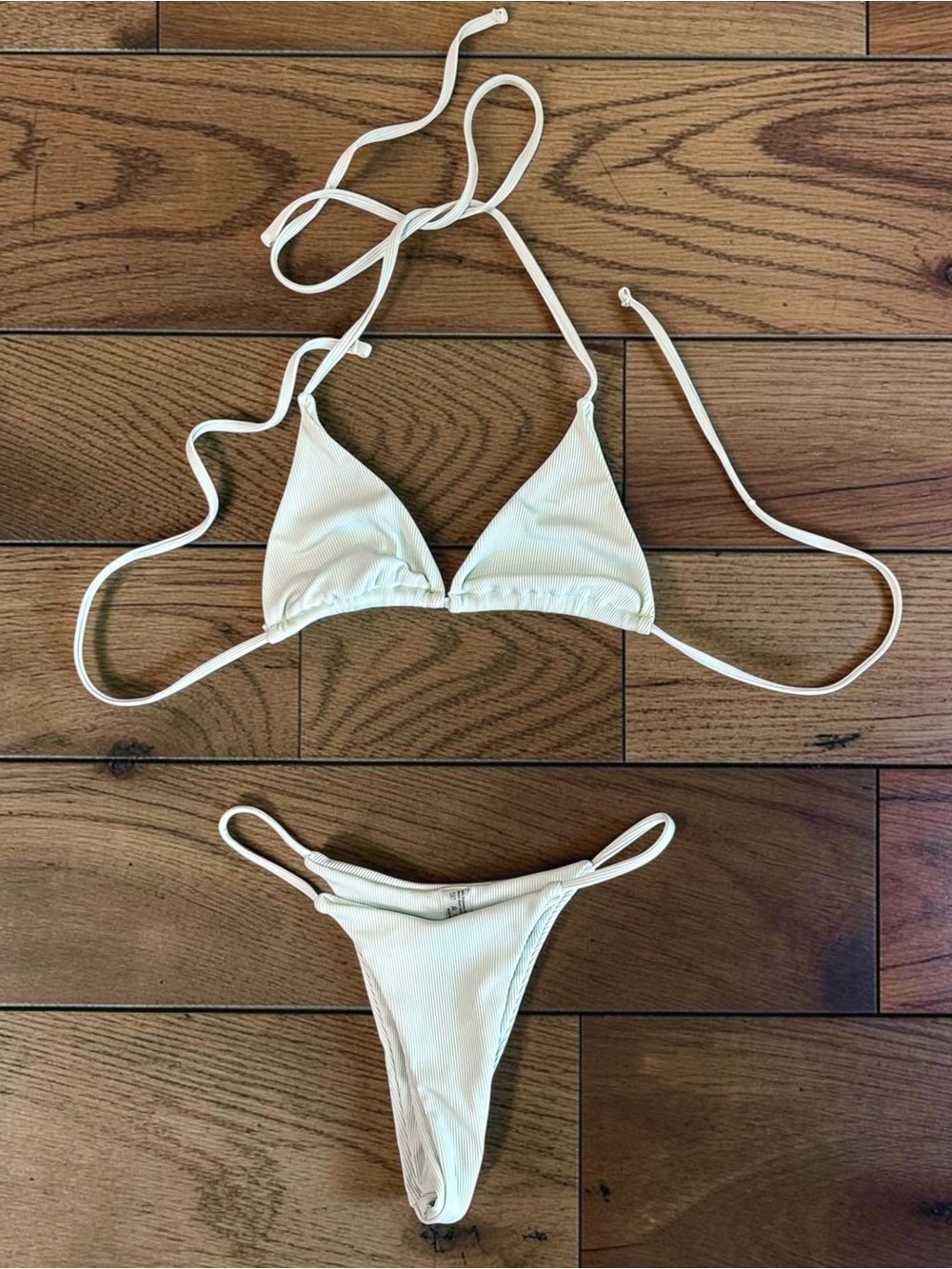 SHEIN Women’s Size S Pale Green Ribbed Triangle String Bikini Set